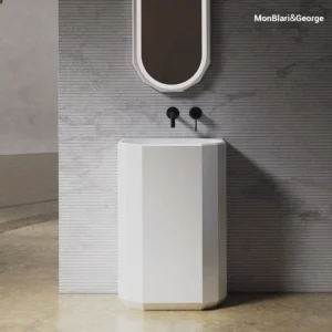 MonBlari BERYL Wall-Mounted Pedestal Sink - Matte White Solid Surface, Geometric Diamond-Cut Basin, Modern Luxury Bathroom (H-MR-Z86606)