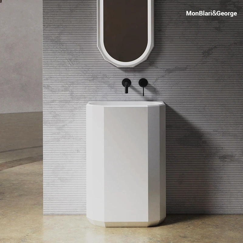 MonBlari BERYL Wall-Mounted Pedestal Sink - Matte White Solid Surface, Geometric Diamond-Cut Basin, Modern Luxury Bathroom (H-MR-Z86606)