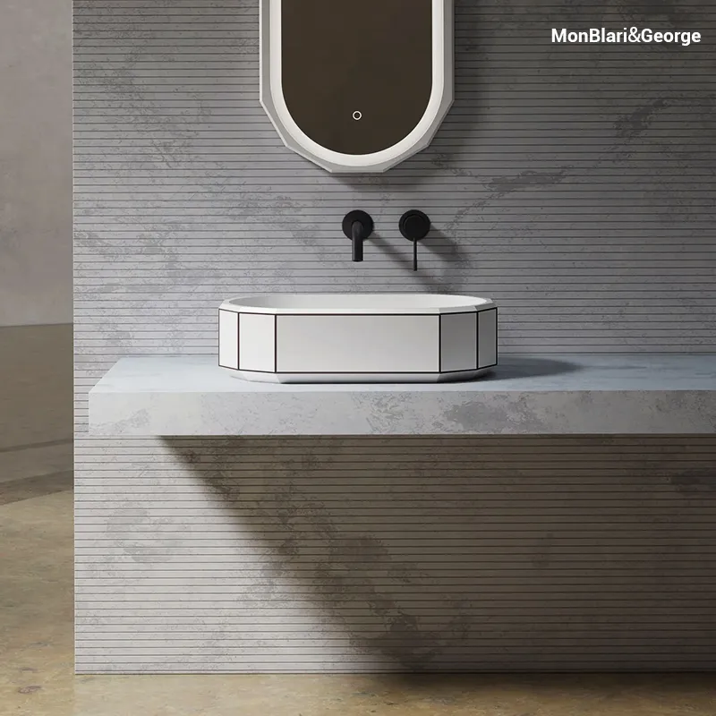 BERYL Matte White Solid Surface Vessel Sink | Diamond Faceted Design with Black Rim | MR-A86611