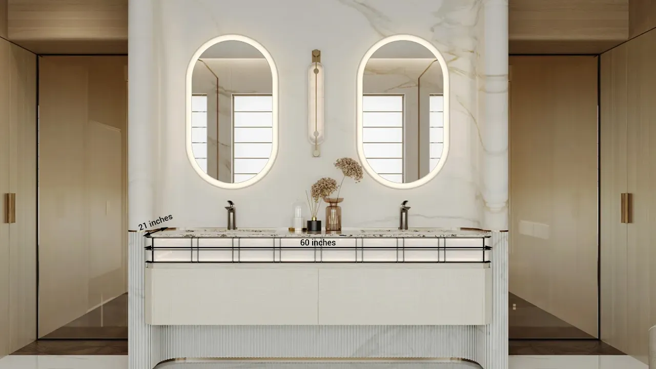 Reliable 60x21 inch standard double vanity installed in a commercial hotel bathroom for consistent project sizing.