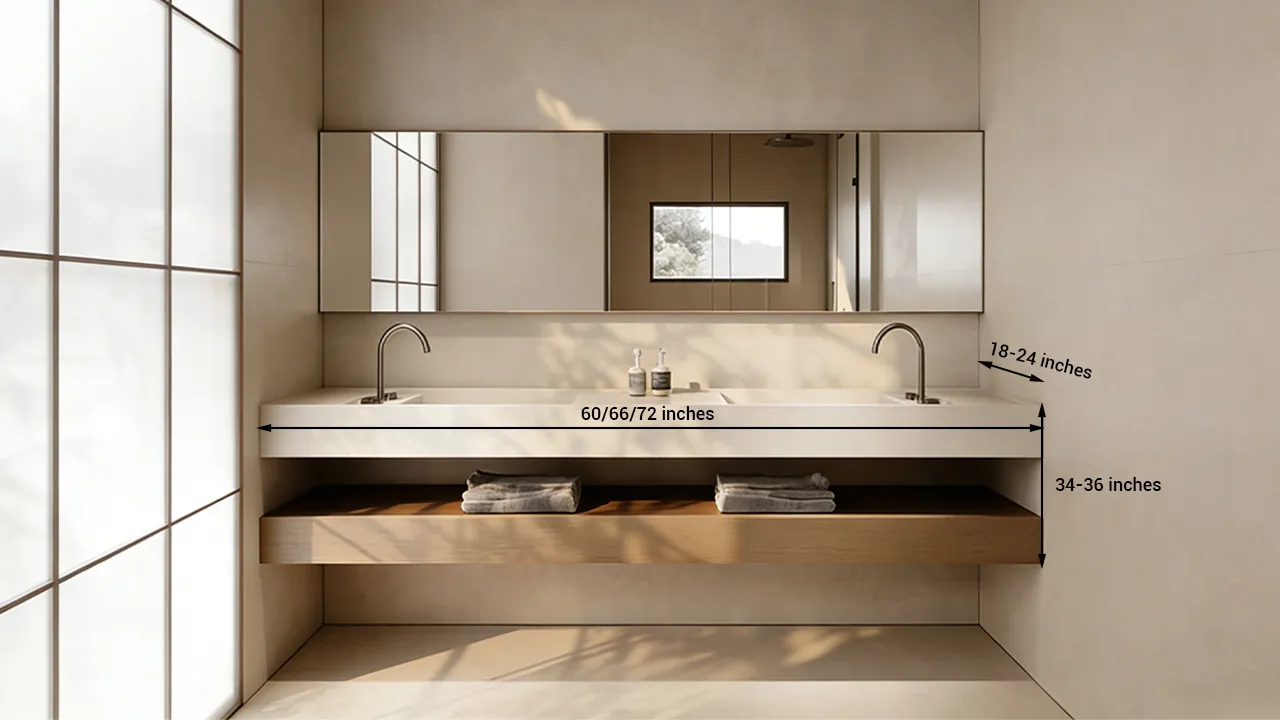 Hotel bathroom floor plan illustrating how to match double vanity dimensions (60-72 inches) with corridor and door clearances to avoid blocking paths.