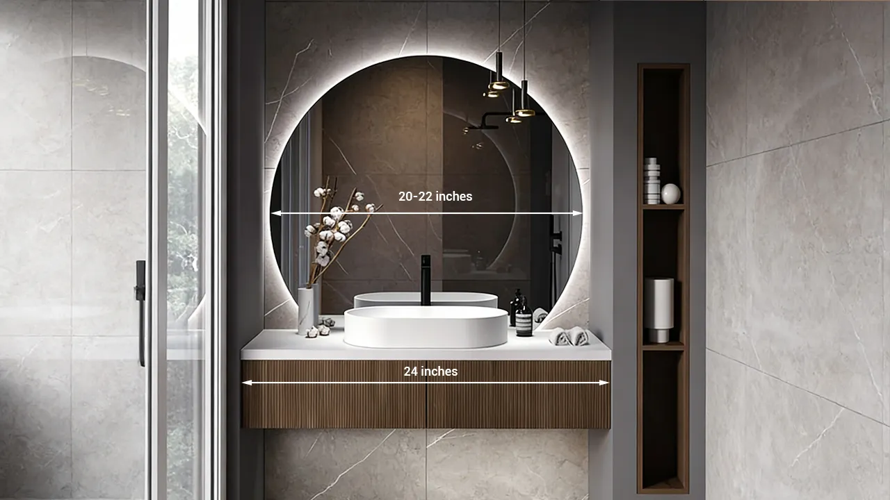 A perfectly balanced round bathroom mirror installed over a hotel vanity, adhering to the 70-80% width guideline for a modern aesthetic.