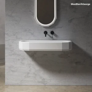 MonBlari Wall Hung Basin, Geometric Chamfered Stone Resin Sink, Matte White, Solid Surface (MR-G86606)