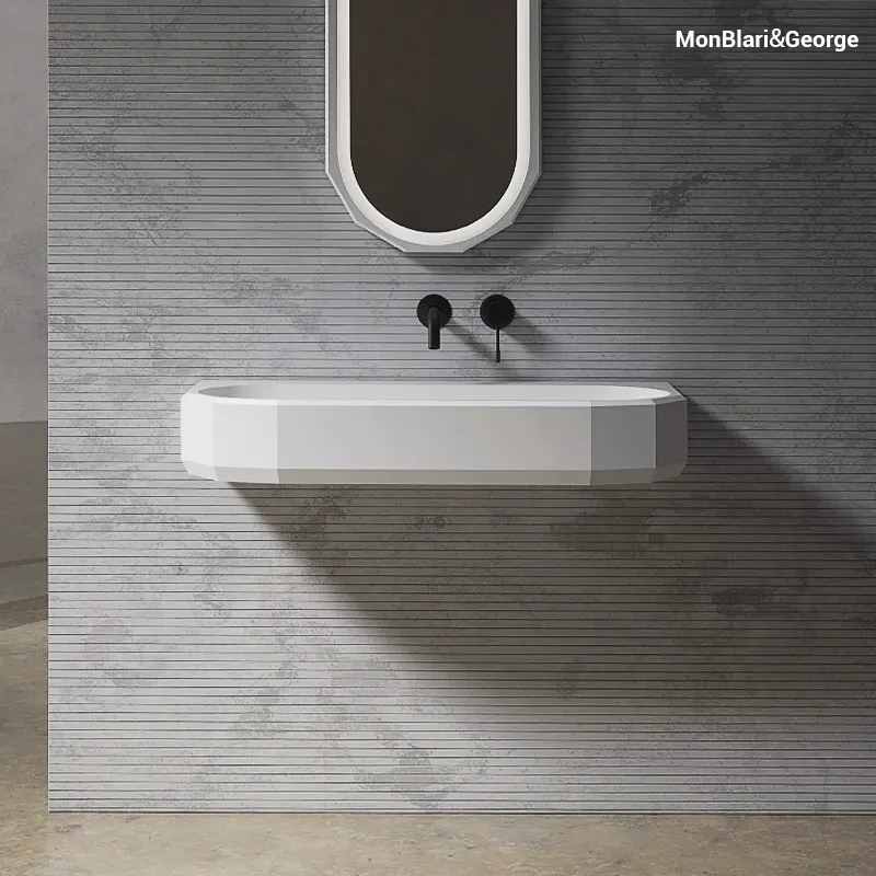 MonBlari Wall Hung Basin, Geometric Chamfered Stone Resin Sink, Matte White, Solid Surface (MR-G86606)