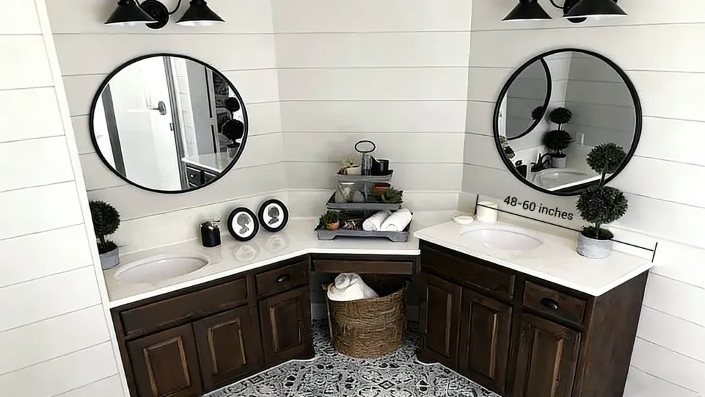 Space-saving corner double vanity designed for odd-shaped layouts in older hotel buildings.