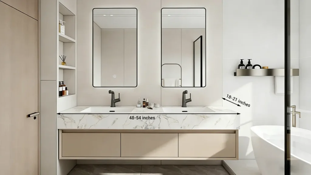 Small double vanity (48-54 inch width) in a hotel bathroom, featuring compact sink bowls and generous counter space between bowls to avoid cramped guest use.