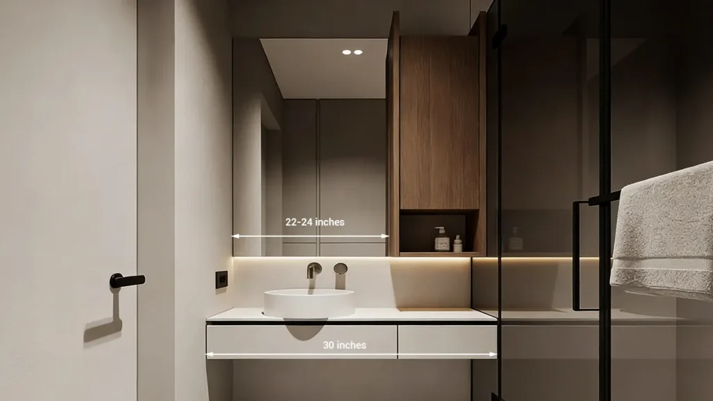 A clean bathroom aesthetic showing a mirror slightly narrower than the 30-inch vanity, leaving breathing room on the sides for a balanced appearance.
