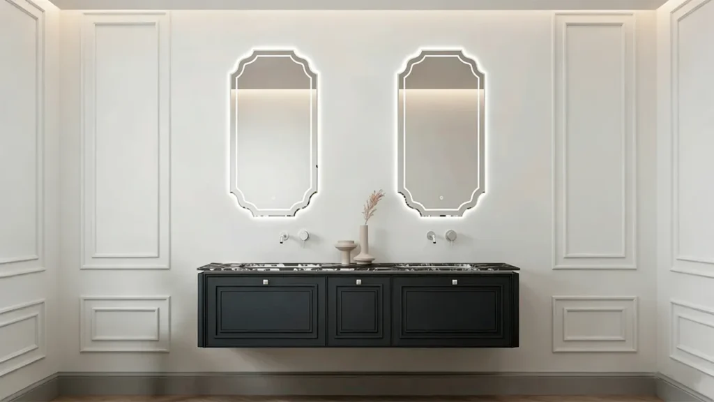 Close-up view of a durable bullnose or eased edge on a hotel bathroom countertop, designed for guest safety and chip resistance against heavy impact.