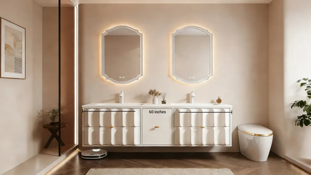 Standard 60-inch double sink vanity installed in a hotel guest room, representing the minimum comfortable width for two users.