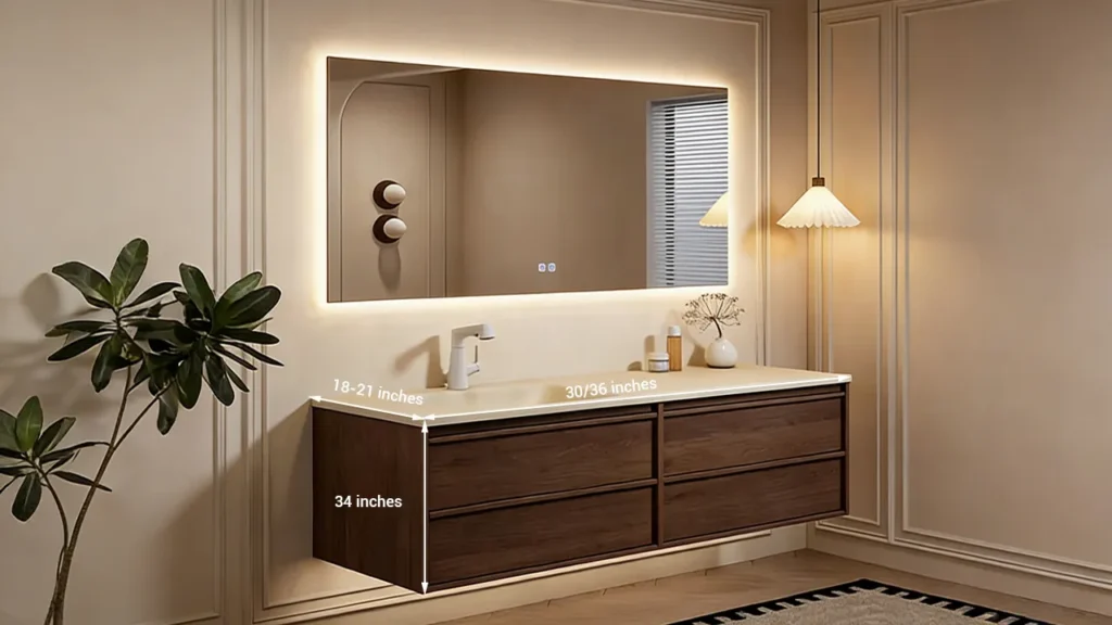 Diagram illustrating common single-sink vanity dimensions, highlighting the 30-36 inch width range recommended for hotel rooms to balance storage and housekeeping efficiency.