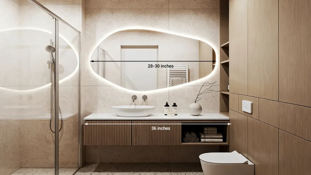 An ideally proportioned 28 to 30-inch wide mirror installed above a standard 36-inch hotel vanity cabinet for a custom look.