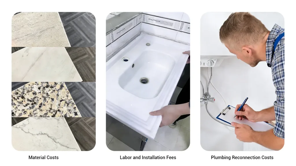 Breakdown of bathroom countertop installation costs averaging $400 to $1,500, including materials, labor, and removal for hotel renovation planning.