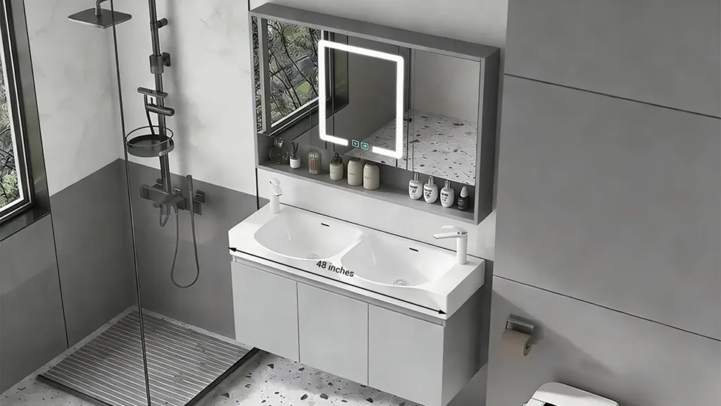 A cramped 48-inch double vanity installed in a tiny hotel bathroom, showing almost zero counter space between sinks.