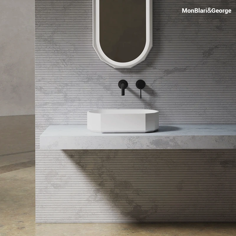 High-density solid surface sink engineered with seamless one-piece casting for superior structural integrity.
