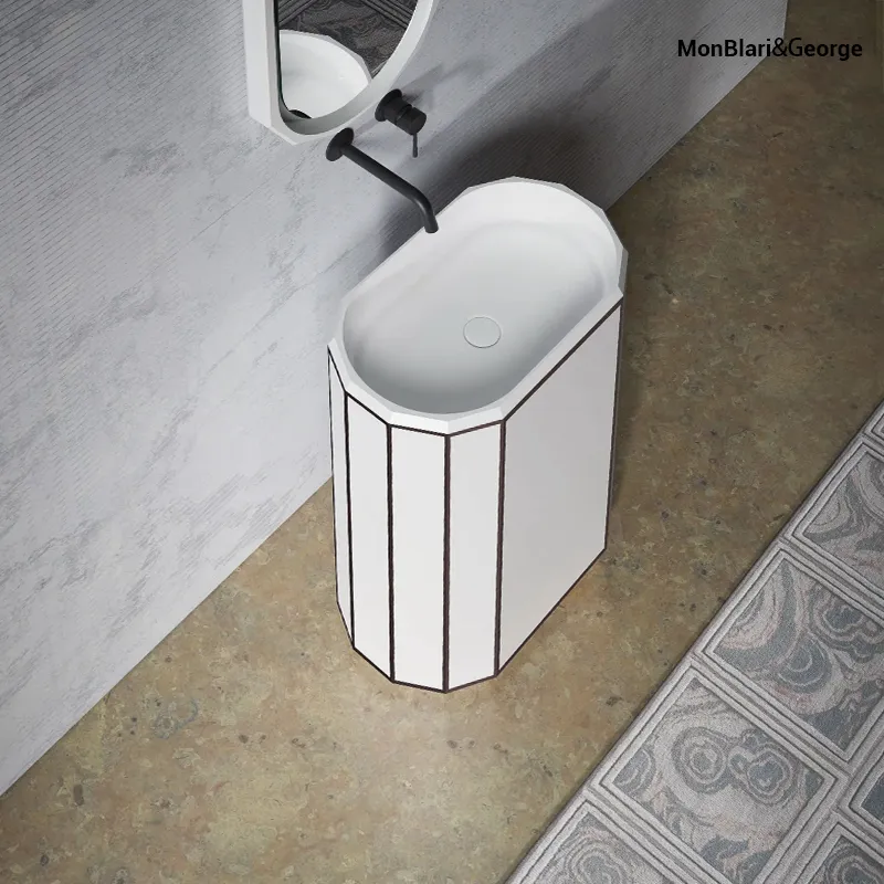 Close-up of seamless solid surface sink material, non-porous and stain-resistant.