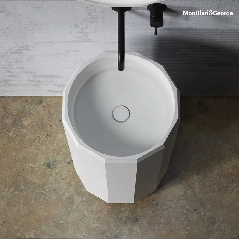 Full silhouette view of the MonBlari BERYL freestanding pedestal sink as a sculptural centerpiece.