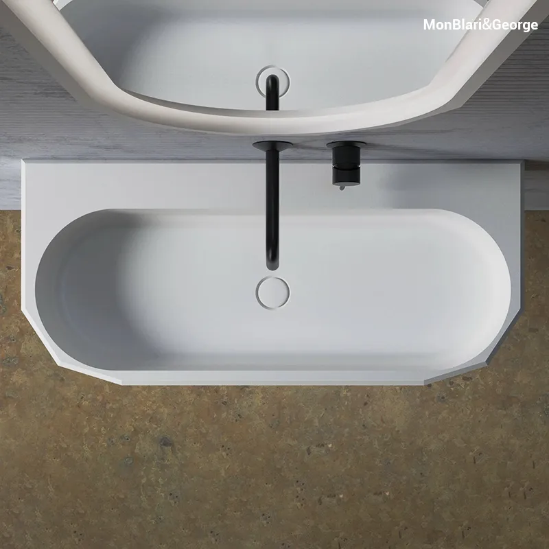 Wall-mounted MR-G86606 floating basin with a space-saving design that keeps the floor area clear for a minimalist look.