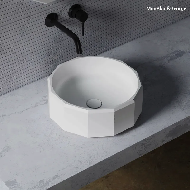 Matching solid surface pop-up drain cap seamlessly integrated into the basin floor for a flawless look.