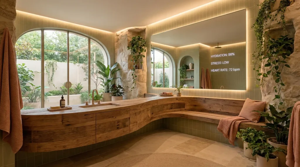 Luxury hotel bathroom vanity featuring organic curves, sustainable wood, sage green cabinets, and integrated smart technology for a spa-like retreat.