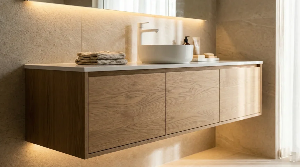 Timeless floating bathroom vanity with clean lines and a natural oak finish, ideal for a durable and modern hotel suite design.