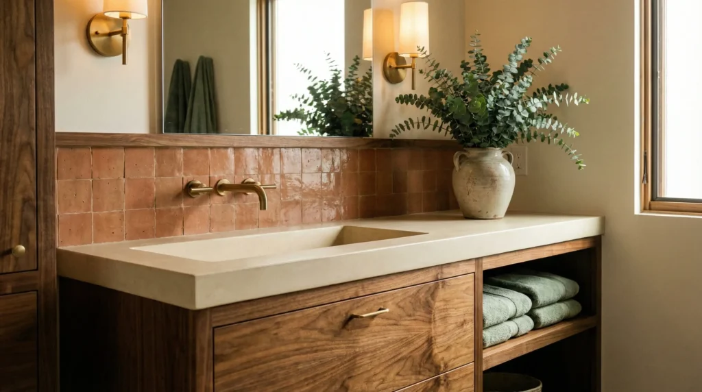 Modern hotel bathroom featuring a luxury vanity in warm sage green and terracotta earth tones, creating a peaceful, nature-inspired atmosphere.
