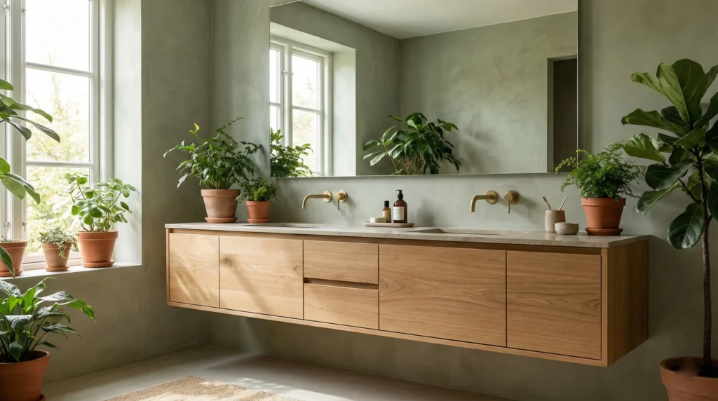 Warm wood floating vanity in a spa-like hotel bathroom with earth-tone accents.
