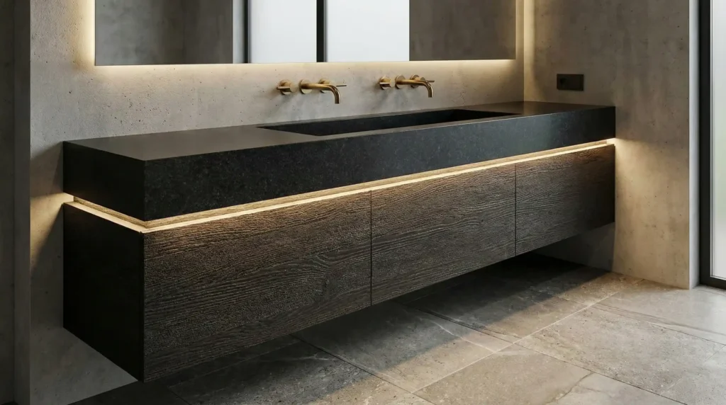 Hotel bathroom with black floating vanity, integrated LED lighting, natural stone countertop, and moisture-resistant materials designed for large-scale renovation projects.