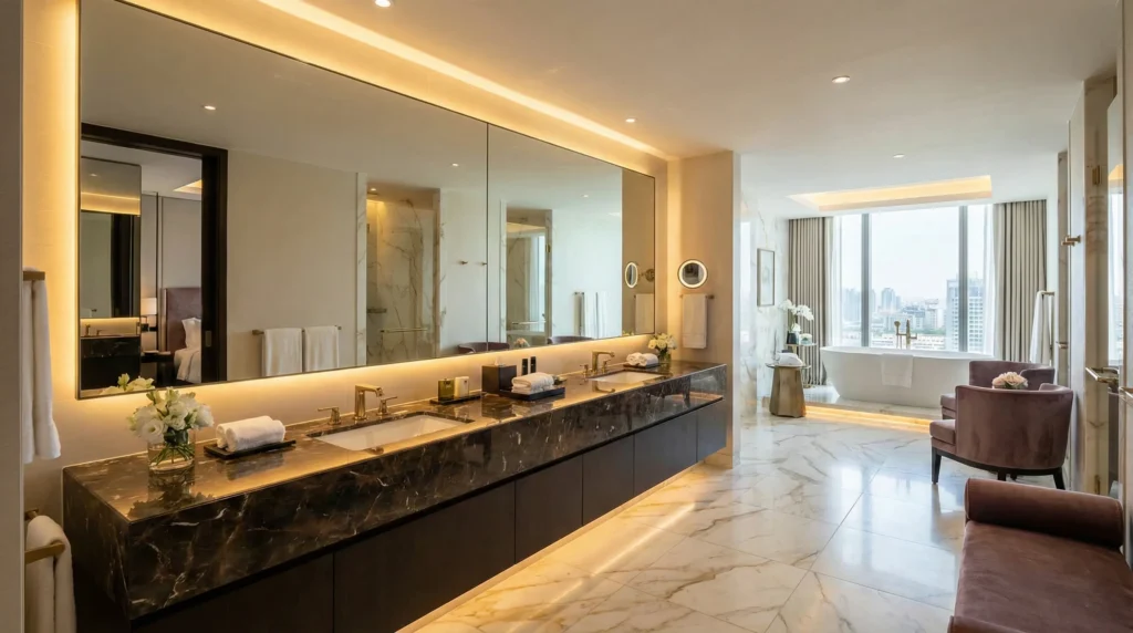 A large, seamless wall-to-wall hotel bathroom mirror over a long vanity, creating an open and luxurious shared space.