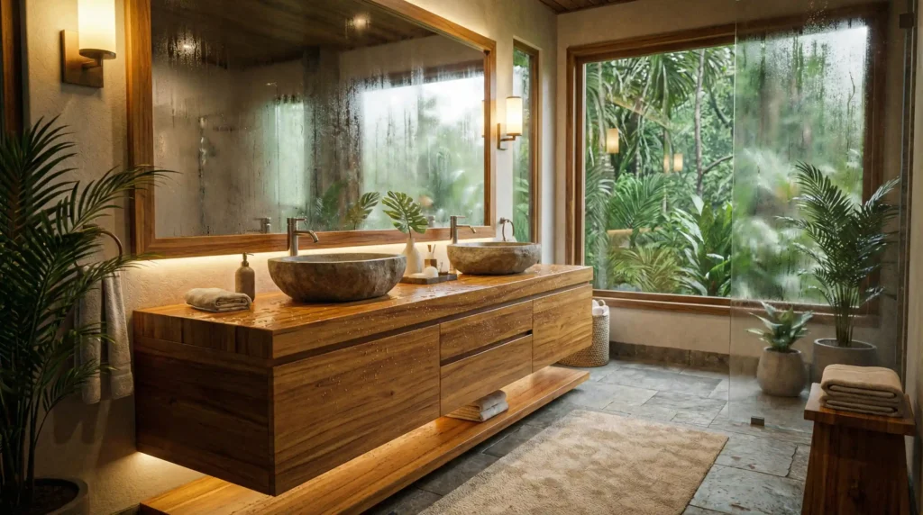 Durable solid teak wood vanity designed to resist moisture and swelling in a resort bathroom.