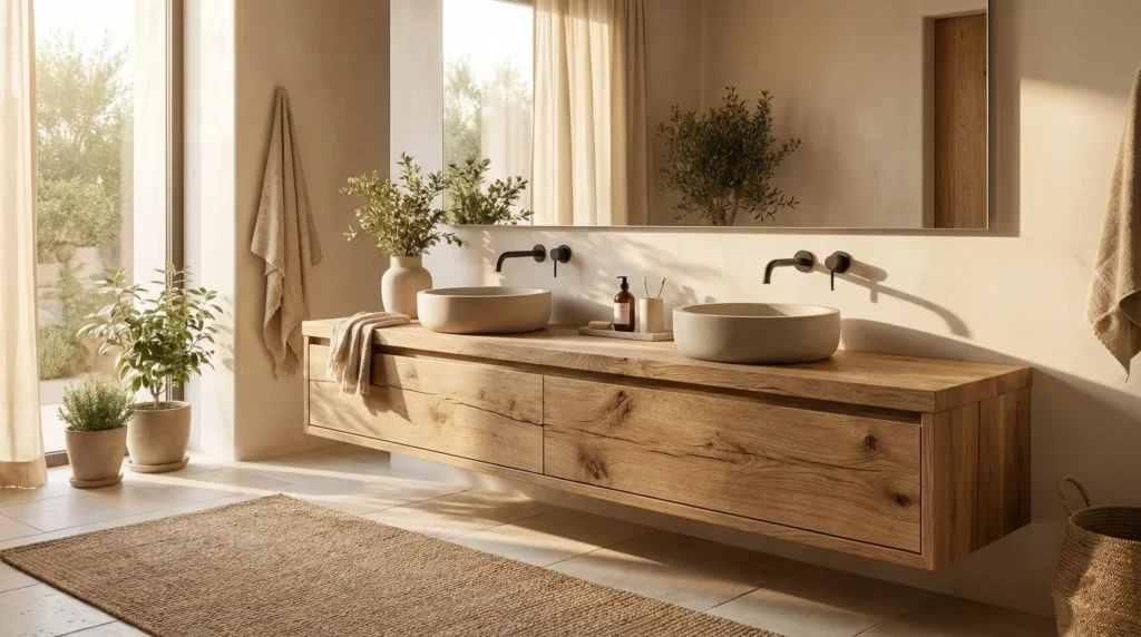 Organic modern double sink vanity featuring natural wood textures and matte black hardware for a luxury hotel bathroom design.