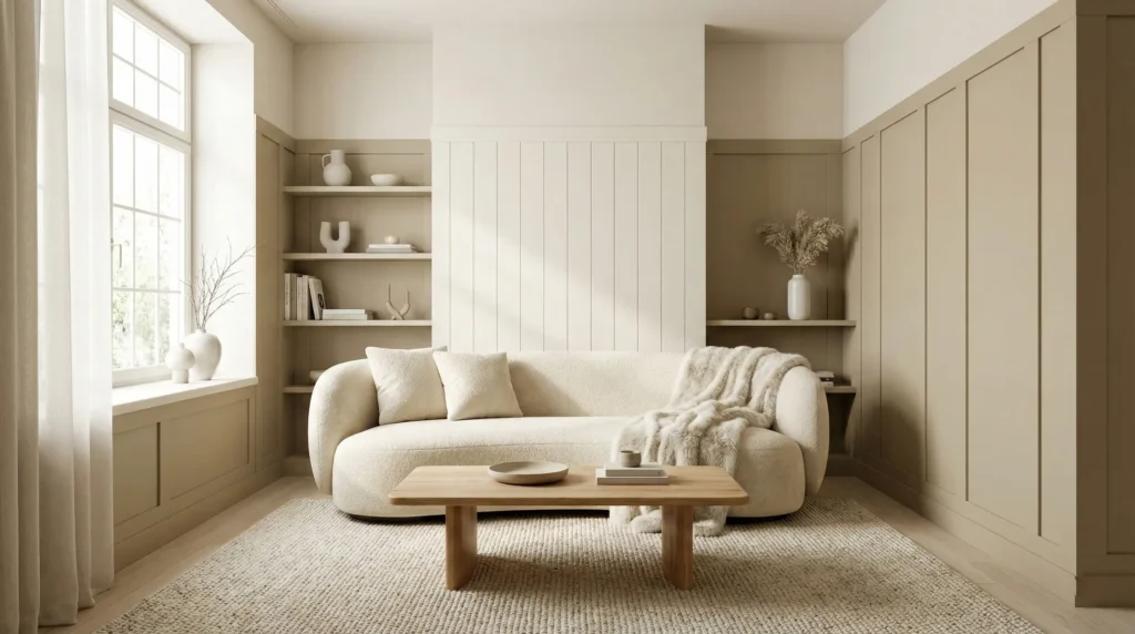 Modern small bathroom featuring Universal Khaki walls and nature-inspired warm neutrals for an expansive, high-end resort feel.