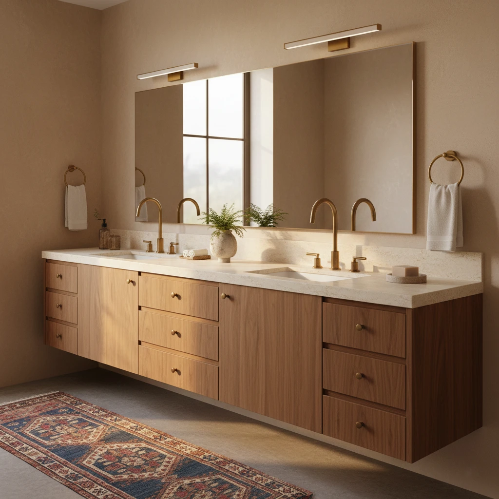 A comparison of outdated cool-toned gray cabinets versus new warm wood vanity designs for modern hotel bathroom renovations.