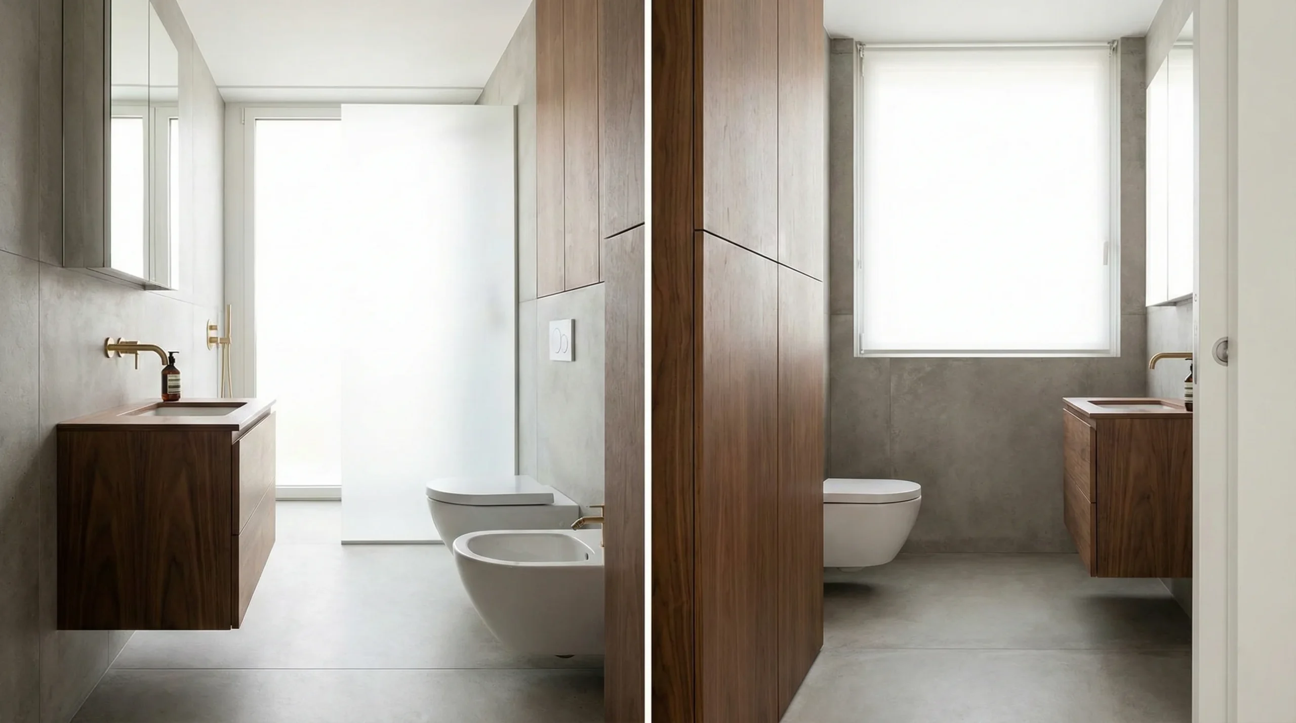 Space-saving floating bathroom vanity and vertical storage tower in a compact hotel bathroom, creating an open and airy feel