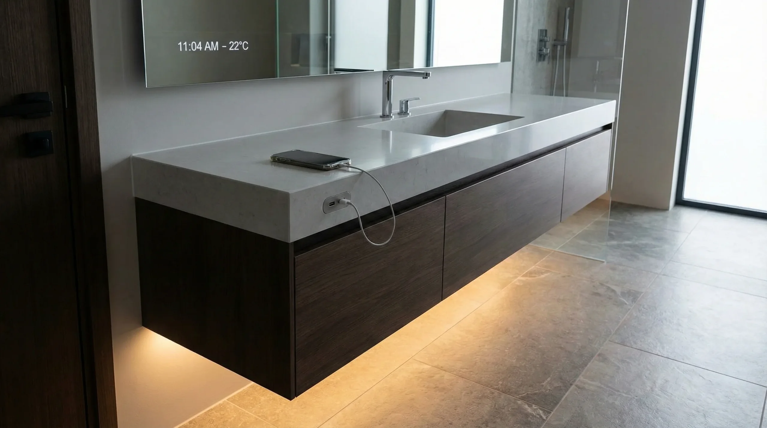 Smart floating vanity 2026 with built-in USB-C charging ports and motion-sensor LED under-lighting.
