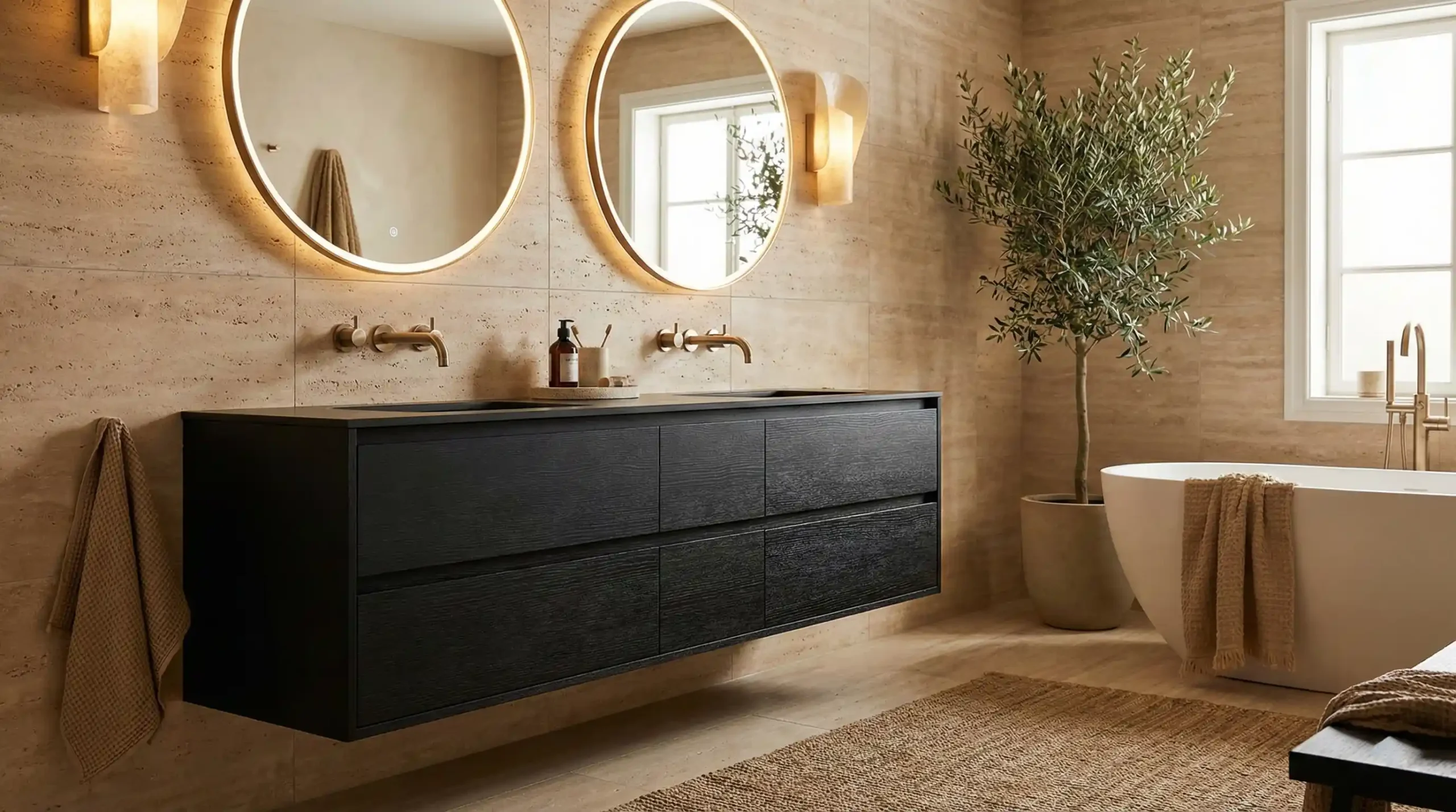 Black bathroom vanity with brushed gold and champagne bronze hardware, creating warm contrast, corrosion resistance, and a refined luxury look for hotel bathrooms.