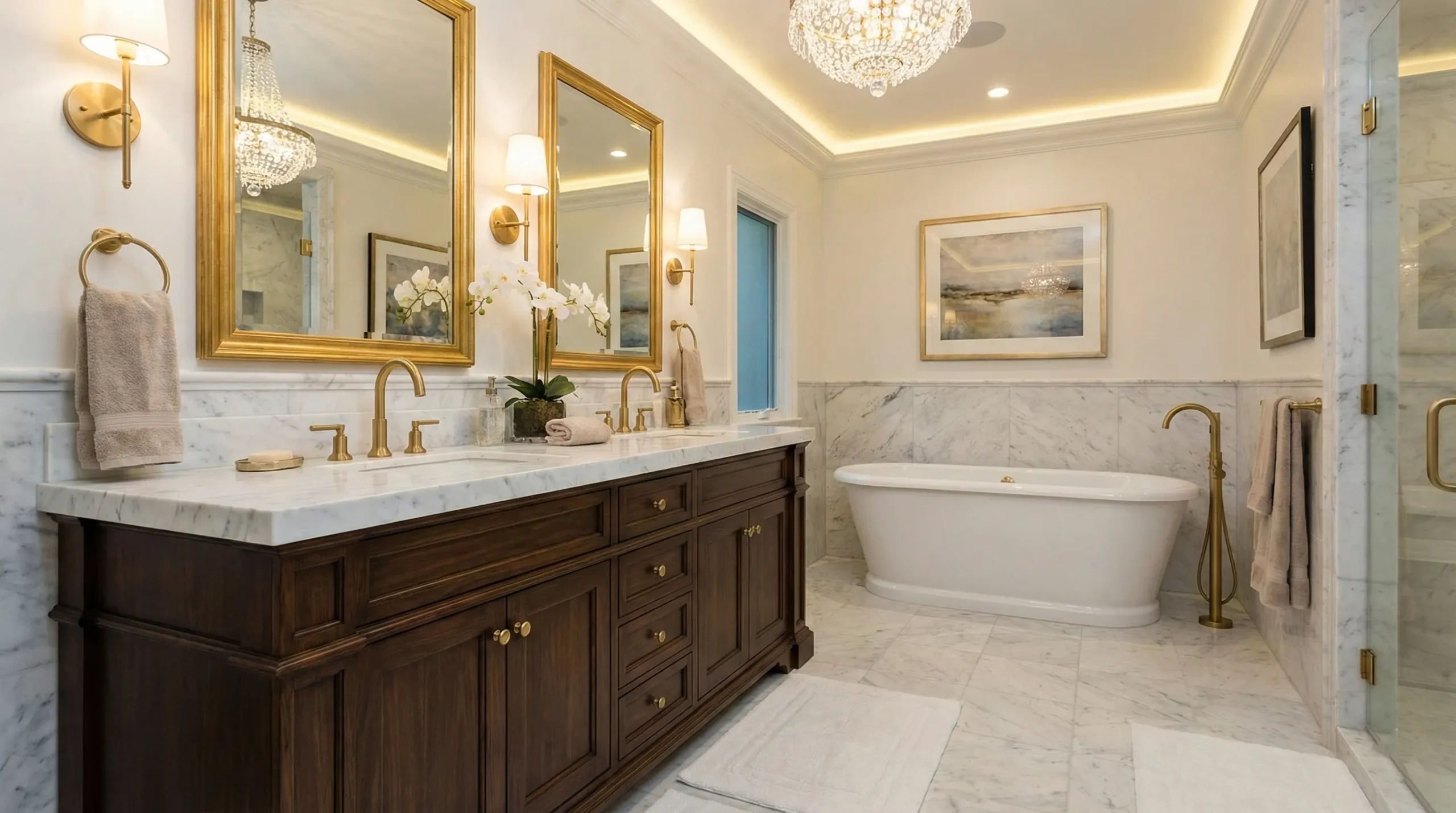Luxury dark walnut wood vanity with white marble top and gold fixtures for a high-end resort bathroom.
