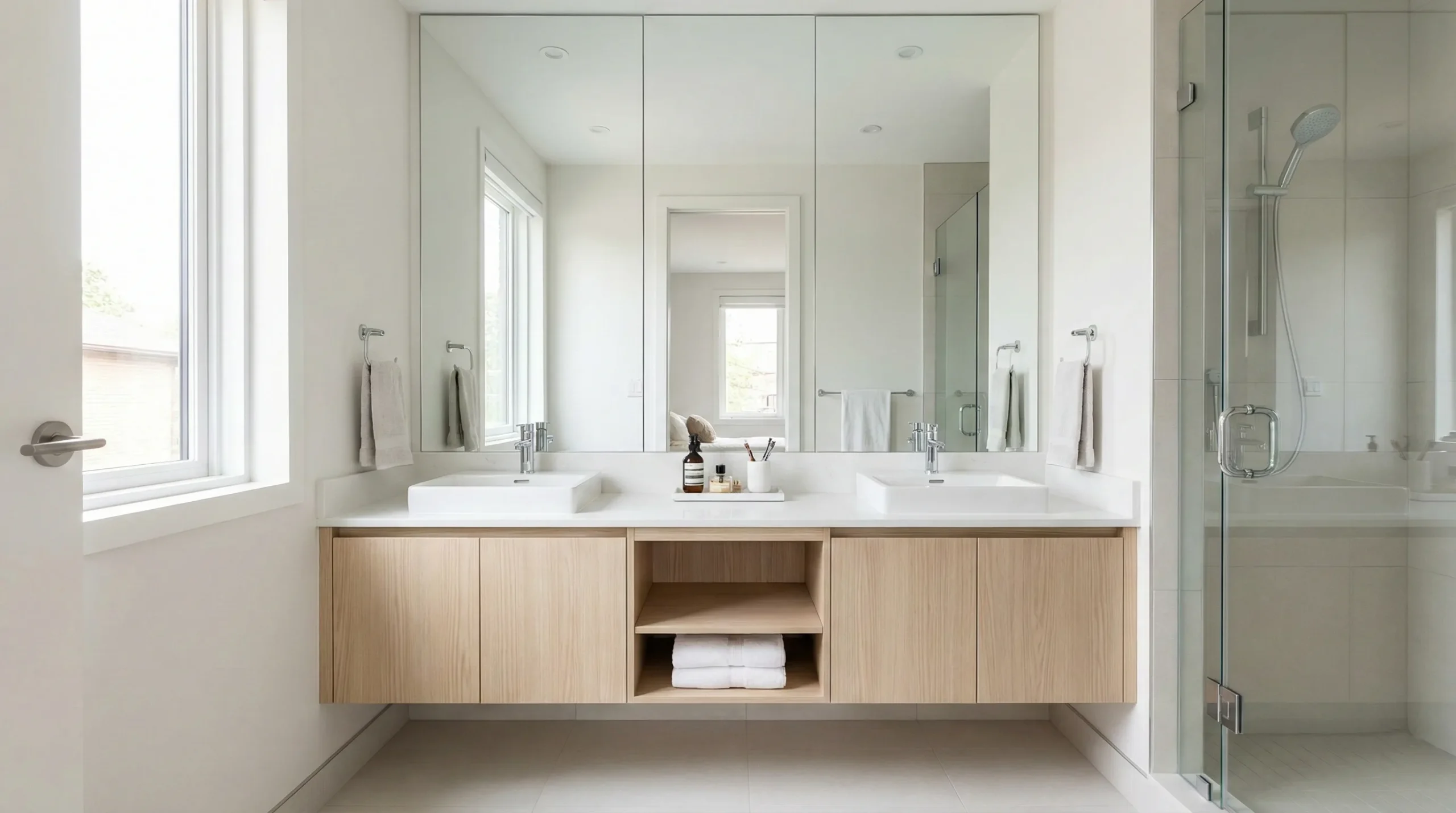 Small bathroom with double vanity layout featuring narrow-depth cabinets and sinks placed closer together to maximize space in guest rooms.