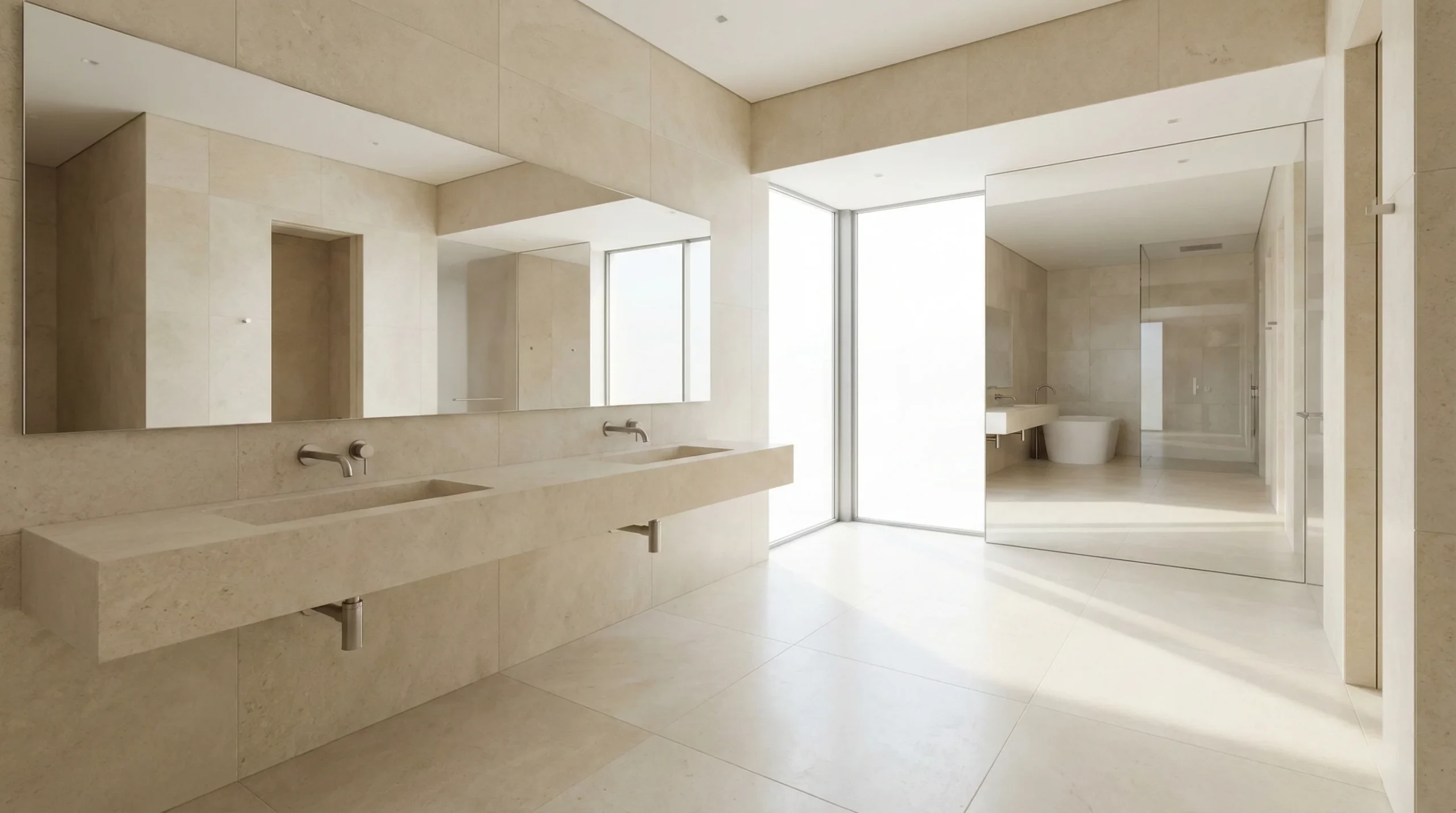 Hotel bathroom with 60-inch floating double vanity, wall-mounted faucets, and continuous floor-to-wall tiling for a seamless, open look.