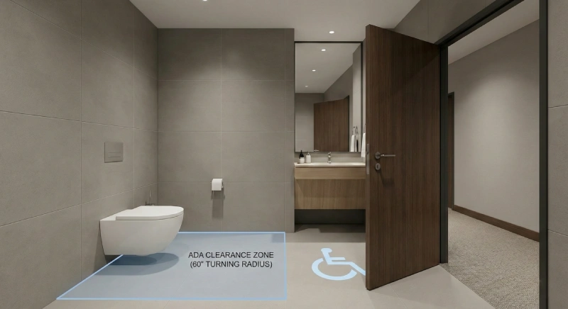 3D view of a small hotel bathroom illustrating ADA toilet clearance with wall-hung toilet and compact vanity