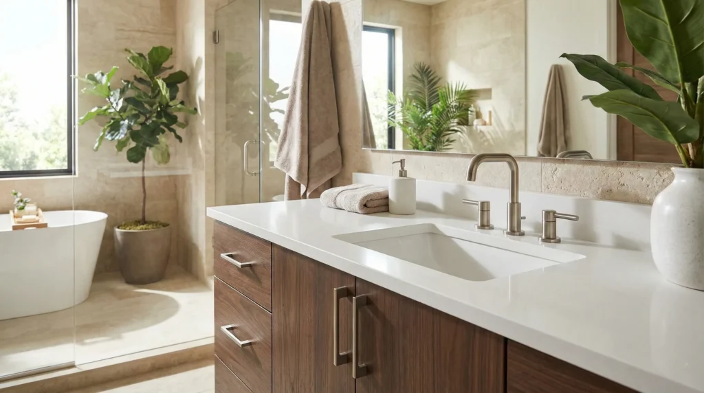 Moisture-resistant plywood vanity cabinet with a durable quartz countertop, designed to prevent water damage in high-traffic hotel bathrooms.