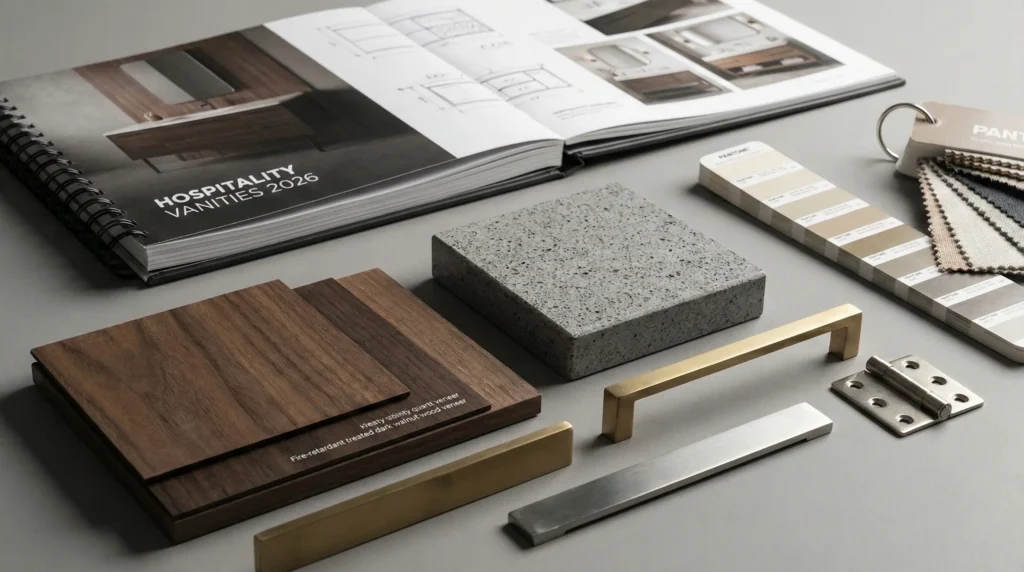 High-durability commercial grade bathroom vanity with premium finishes, designed to withstand high-traffic hospitality use and meet fire-retardant standards.