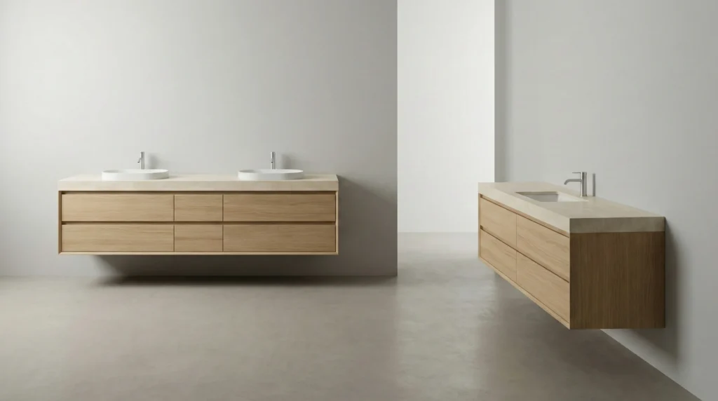 Modular floating vanity system adaptable for custom resort bathroom layouts and unique spaces.