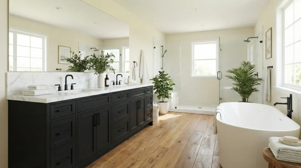 Hotel bathroom with a black vanity balanced by white marble countertop, light neutral walls, warm wood accents, and layered lighting to prevent a dark, cave-like feel.