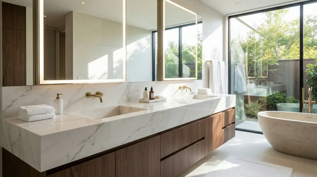 Durable hotel bathroom vanity featuring scratch-resistant sintered stone countertop and high-pressure laminate cabinetry for 2026 projects.