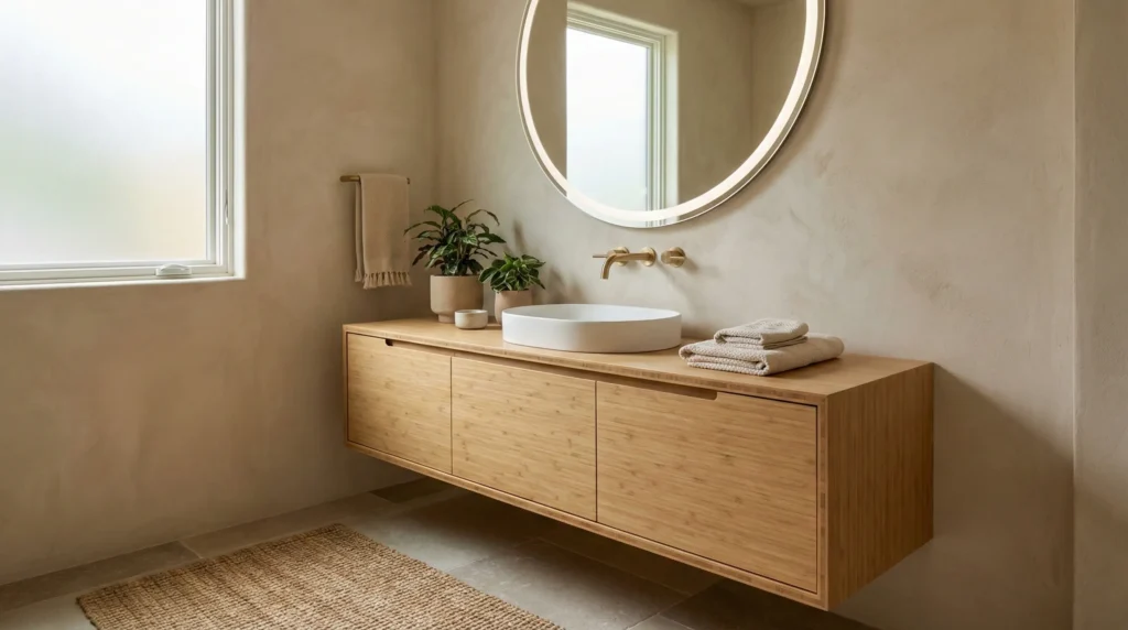 Sustainable fluted oak double vanity with honed quartz countertop featuring a matte finish for modern small bathrooms.