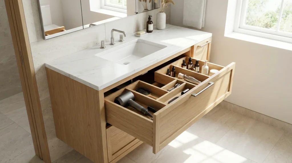 Functional hotel vanity design featuring integrated storage compartments and dedicated space for guest amenities like hair dryers.