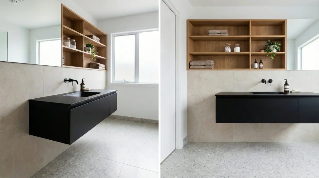 Small hotel bathroom with a wall-mounted black vanity and open shelving, maximizing vertical storage and freeing floor space for a larger, clutter-free feel. Select 75 more words to run Humanizer.