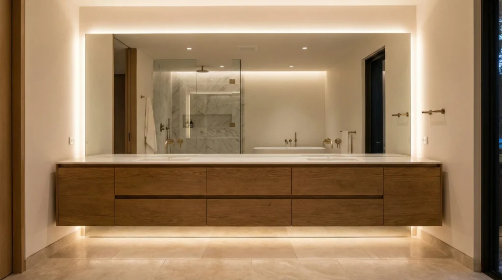 A large single vanity mirror spanning nearly the full width of the cabinet, sized with precise margins to ensure a balanced and professional bathroom aesthetic.