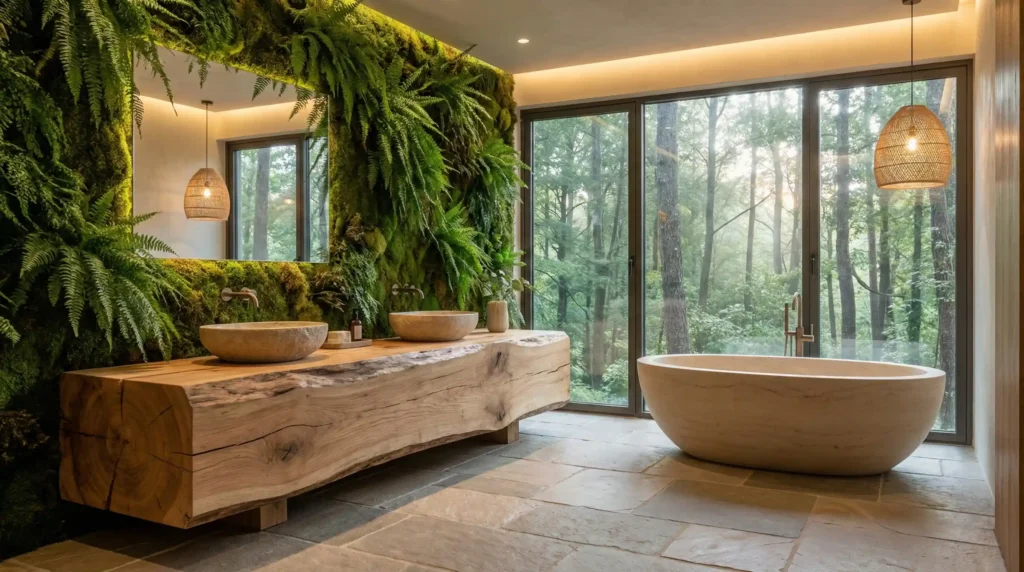 Sustainable natural wood bathroom vanity for eco-friendly resort suites and wellness retreats.