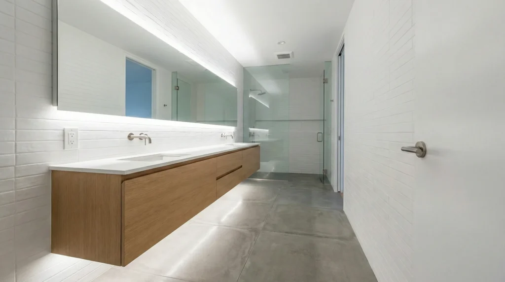 Shallow depth 18-inch double vanity in a 48-inch to 60-inch width, designed for narrow hotel bathroom layouts."